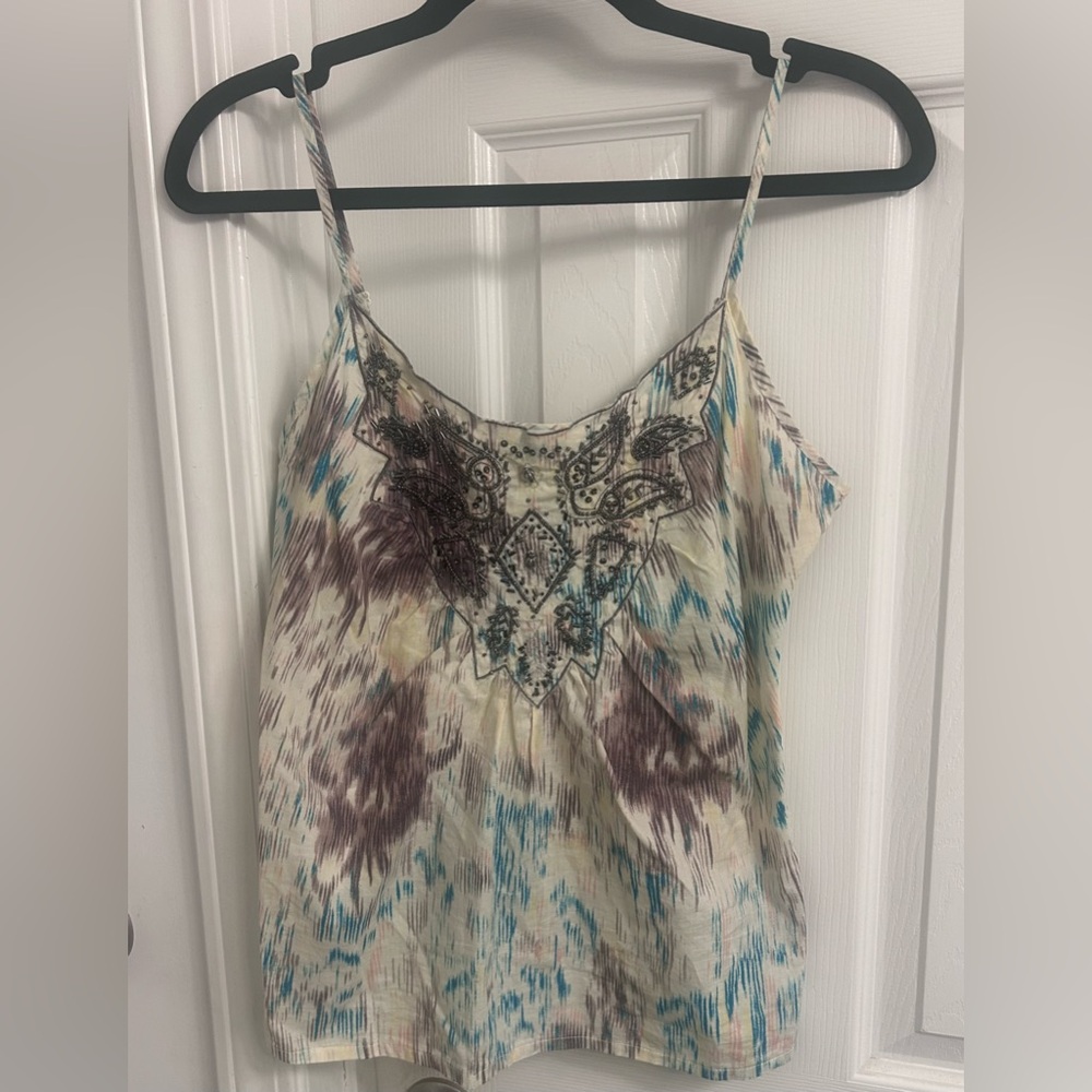 To the Max Beaded Spaghetti Strap Camisole — Cream, Teal & Brown